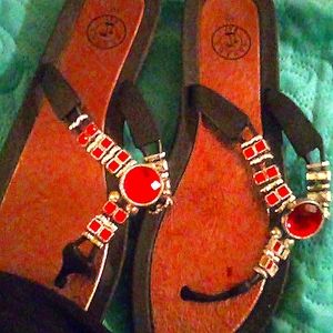 Bejeweled black&red flip flops